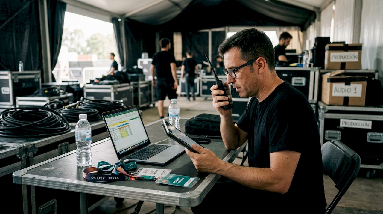 El organizador consulta la aplicación de gestión mientras supervisa el concierto.