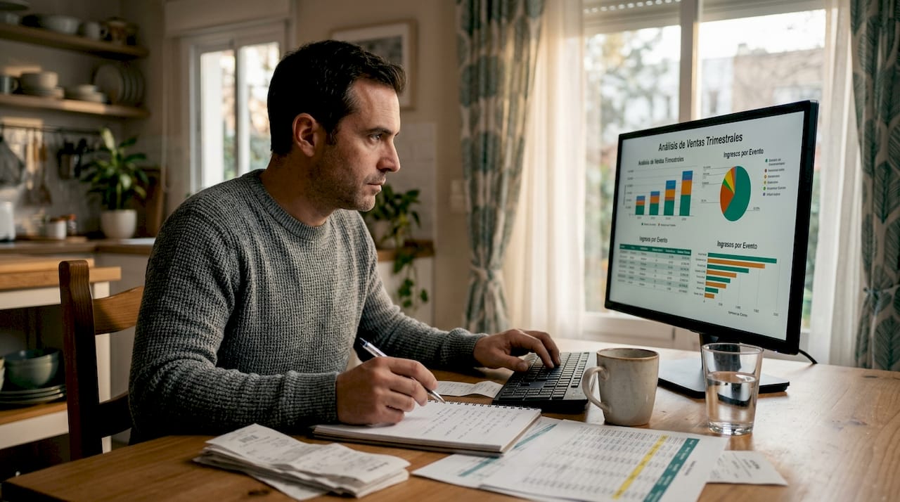 Un hombre revisa las ventas de entradas para un evento mientras está sentado en la mesa de la cocina.