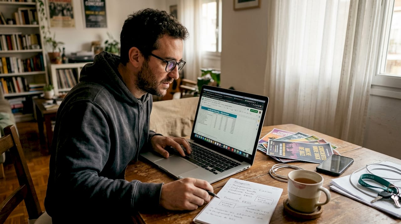 Organizador de conciertos preparando la estrategia de venta de entradas desde casa