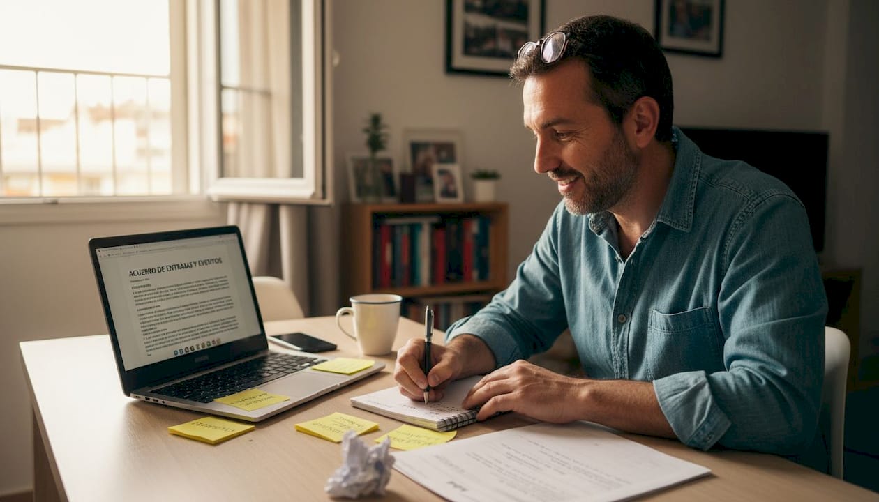 El organizador revisa el contrato de las entradas tranquilamente en casa.