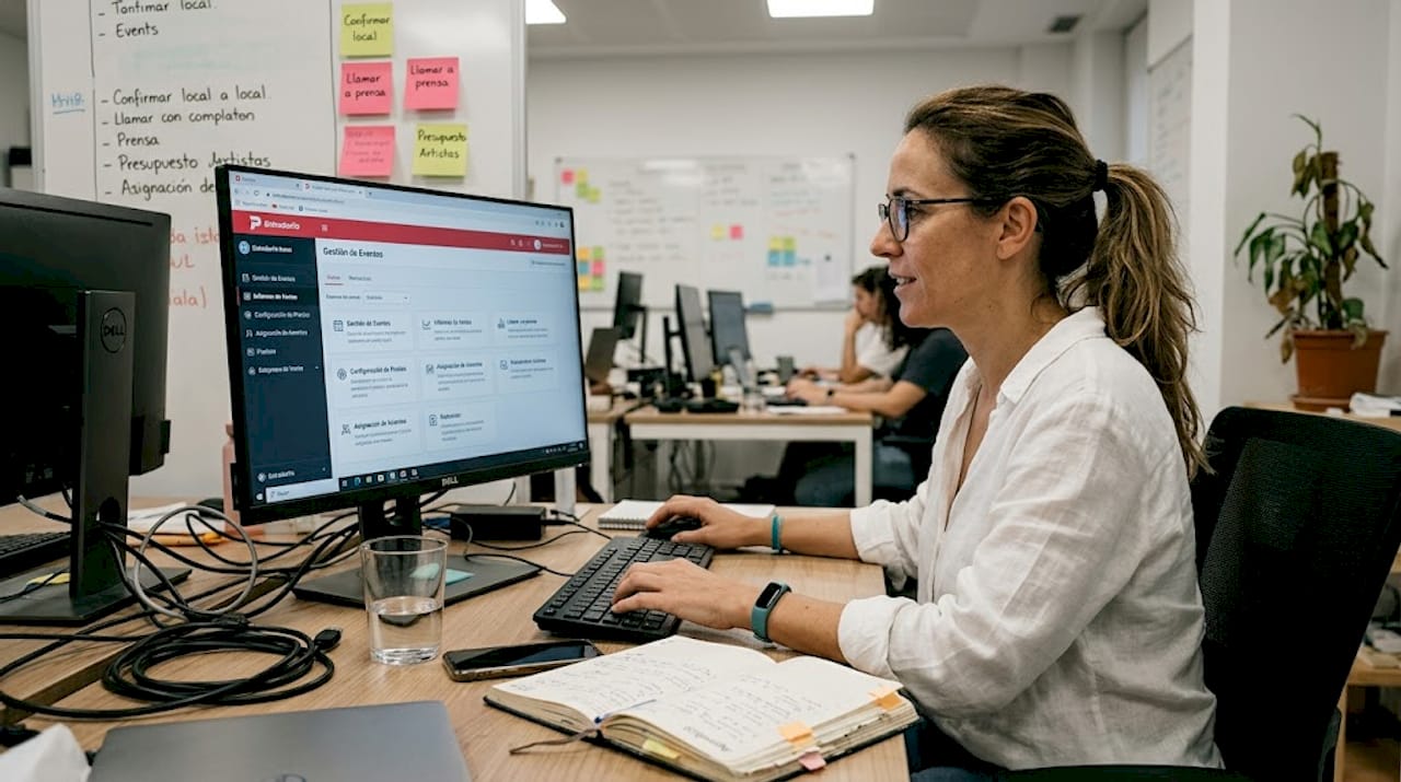La promotora se encarga de gestionar la venta de entradas digitales directamente en la oficina.