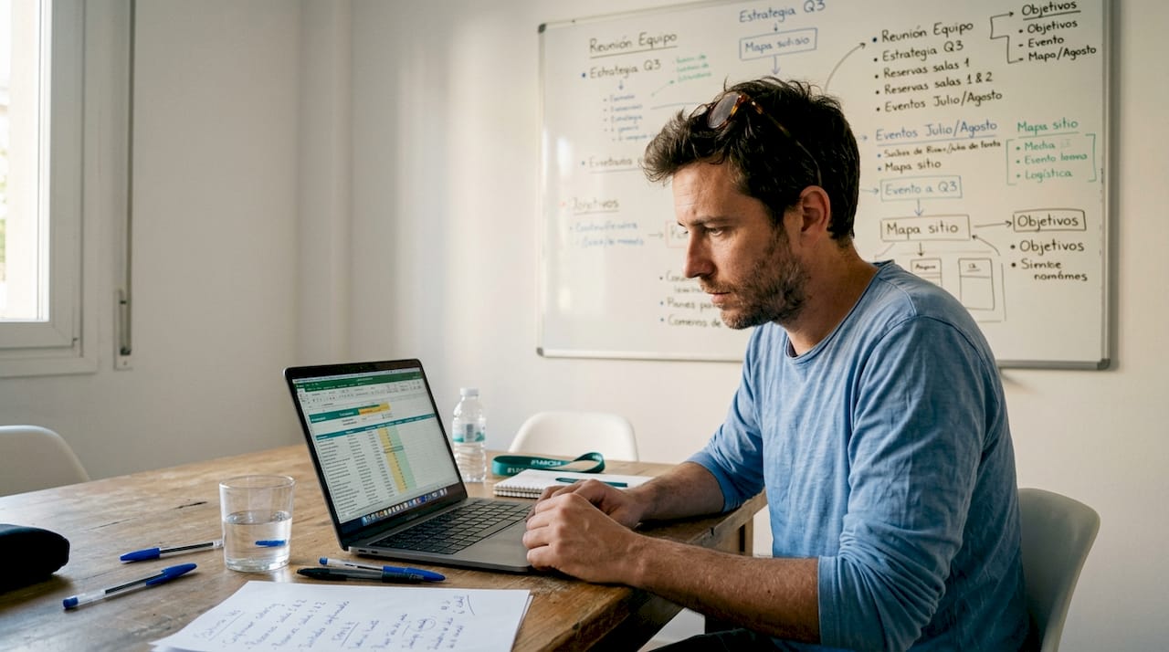 El responsable del evento analiza la información en la sala de reuniones.